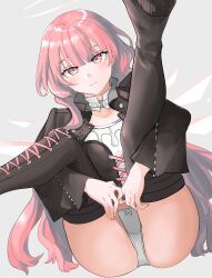 1girl arknights ass black_boots black_jacket blush boots chinese_commentary closed_mouth commentary_request detached_wings feet_out_of_frame grey_background grey_panties halo highres jacket lace-up_boots legs_up lemuen_(arknights) long_hair long_sleeves looking_at_viewer neti_(cpu11151) panties partial_commentary pink_eyes pink_hair presenting presenting_ass simple_background smile solo thigh_boots traditional_halo underwear white_halo wings