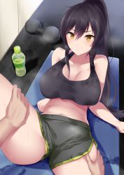 1girl absurdres bare_shoulders black_hair black_tank_top blush bottle breasts breasts_apart collarbone commentary dolphin_shorts dumbbell grey_shorts hair_between_eyes hands_on_another&#039;s_thighs high_ponytail highres idolmaster idolmaster_shiny_colors indoors large_breasts leg_up long_hair lying navel on_back parted_bangs ponytail raised_eyebrows shirase_sakuya short_shorts shorts sidelocks solo_focus stain steaming_body stretching sweat tank_top thick_thighs thighs yellow_eyes yigra_don yoga_mat
