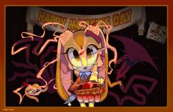 1other 2girls absorbing bare_shoulders blood blood_on_hands body_horror box brown_eyes collared_dress colored_skin corruption crazy_smile cream_the_rabbit dark_persona drawing_(object) dress eldritch_abomination empty_eyes flesh gift gift_box gloves heart highres holding holding_knife horror_(theme) knife long_fingers looking_at_viewer monster mother&#039;s_day multiple_girls orange_dress possessed purple_skin red_dress sharp_teeth sleeveless sleeveless_dress smile spikes teeth twentyann vanilla_the_rabbit veins white_gloves yellow_eyes