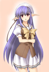 00s 1girl beige_background beret blazer bow bowtie contrapposto cowboy_shot female_focus hat jacket kirisato_itsuki light_purple_hair long_hair looking_at_viewer nerine pointy_ears puffy_short_sleeves puffy_sleeves red_eyes school_uniform serafuku short_sleeves shuffle! simple_background skirt solo standing very_long_hair white_skirt yellow_bow yellow_bowtie