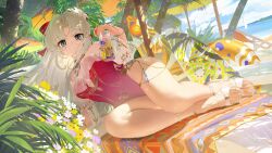 1girl absurdres ahoge aqua_eyes bare_legs bare_shoulders beach blue_sky bow breasts carlotta_(splashing_summer)_(wuthering_waves) carlotta_(wuthering_waves) casual_one-piece_swimsuit commentary cup day drinking_glass feet hair_bow highres holding holding_cup legs looking_at_viewer medium_breasts official_alternate_costume one-piece_swimsuit outdoors parted_bangs pink_bow pink_one-piece_swimsuit sandals sky solo songchuan_li striped_bow surfboard swim_ring swimsuit symbol-only_commentary thighs toenails toes wuthering_waves