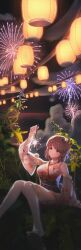 1girl absurdres arm_up blush bow breasts brown_eyes brown_hair classroom closed_mouth commentary detached_sleeves fireworks floral_print floral_print_kimono foot_out_of_frame gae_bokchi hagiwara_yukiho hair_bow half_updo highres holding holding_fireworks idolmaster idolmaster_(classic) idolmaster_starlit_season japanese_clothes kimono lantern looking_at_object night obi official_alternate_costume outdoors paper_lantern plant print_kimono sash see-through_clothes see-through_sleeves senkou_hanabi short_hair sitting smile solo sparkler thighhighs white_kimono white_thighhighs
