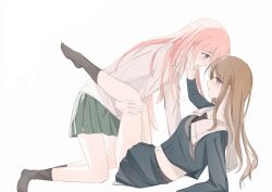 2girls bang_dream! bang_dream!_it&#039;s_mygo!!!!! black_shirt black_skirt black_socks blue_eyes blush brown_hair chihaya_anon closed_mouth clothes_lift collared_shirt commentary green_skirt grey_eyes haneoka_school_uniform hashtag-only_commentary highres long_hair long_sleeves midriff multiple_girls nagasaki_soyo pink_hair pleated_skirt sailor_collar school_uniform shirt shirt_lift simple_background skirt smile socks tsukinomori_school_uniform white_background white_sailor_collar white_shirt xz7y_(xyyy7028) yuri