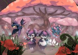 :&gt; angry animal_focus beak bird colored_sclera commentary_request floating forest gen_2_pokemon gen_8_pokemon glowing grass highres horns indeedee indeedee_(female) indeedee_(male) jewelry misdreavus murkrow mushroom nature necklace nintendo no_humans pearl_necklace pokemon pokemon_(creature) q-chan red_eyes standing talons teeth tree wings yellow_sclera