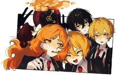 1other 2boys 2girls :d black_hair black_jacket blonde_hair blush bow clock closed_eyes collared_shirt dante_(limbus_company) don_quixote_(project_moon) double_v dress_shirt freckles hair_bow hand_up head_on_another&#039;s_shoulder ishmael_(project_moon) jacket lapels limbus_company looking_at_another looking_at_viewer multiple_boys multiple_girls nakame77 necktie object_head open_clothes open_jacket open_mouth orange_eyes orange_hair project_moon red_necktie shirt short_hair sinclair_(project_moon) smile v white_shirt yi_sang_(project_moon)