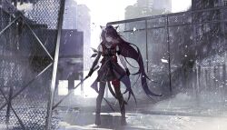 1girl absurdres animal_ears arknights axleaki black_gloves black_shoes black_thighhighs cat_ears cat_girl cat_tail dress elbow_gloves full_body gloves highres holding holding_sword holding_weapon long_hair looking_at_viewer melantha_(arknights) purple_dress purple_eyes purple_hair rain shoes single_elbow_glove solo standing sword tail thighhighs very_long_hair weapon