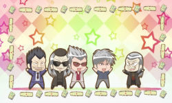 5boys akagi akagi:_yami_ni_oritatta_tensai akagi_shigeru bad_id bad_pixiv_id blue_eyes board_game chibi fukumoto_mahjong hat hirayama_yukio ichikawa_(akagi) mahjong multiple_boys old old_man parody saki_(manga) short_hair silver_hair smile sunglasses urabe_(akagi) urabe_(mstchan) washizu_iwao