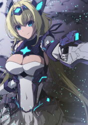 1girl absurdres aoi_tabane blonde_hair blue_eyes breasts cleavage covered_navel energy_gun exs-tia_spica genderswap genderswap_(mtf) gun gunblade headgear highres holding holding_weapon katsuragi_souma kouyoku_senki_exs-tia large_breasts long_hair looking_at_viewer low_twintails magical_girl skirt smile solo twintails weapon