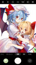 2girls absurdres ascot bat_wings blonde_hair blue_hair cellphone_photo crystal crystal_wings flandre_scarlet frilled_shirt_collar frills hat hat_ribbon highres kasorasora2023 looking_at_viewer mob_cap multiple_girls open_mouth pointy_ears puffy_short_sleeves puffy_sleeves red_eyes red_ribbon remilia_scarlet ribbon short_hair short_sleeves siblings side_ponytail simple_background sisters smile touhou white_background wings