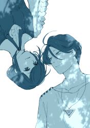 1boy 1girl absurdres blue_theme closed_mouth collared_shirt commentary_request frilled_shirt frilled_sleeves frills fukurai_azami hair_between_eyes highres jewelry long_sleeves looking_at_another lying meguriya_ayumu monochrome necklace on_back rotational_symmetry shirt short_hair simple_background smile toshi_densetsu_kaitai_center tree_shade triangle_necklace upper_body upside-down wawatiku white_background