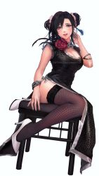 1girl absurdres alternate_hairstyle animal_print black_hair blush bracelet breasts chair chinese_clothes cleavage cleavage_cutout clothing_cutout double_bun dress eyelashes final_fantasy final_fantasy_vii final_fantasy_vii_remake fishnet_thighhighs fishnets flower full_body hair_bun hair_ornament high_heels highres jewelry lace lace-trimmed_legwear lace_trim large_breasts leopard_print long_hair looking_at_viewer official_alternate_costume open_mouth red_eyes red_flower red_rose rose sitting solo spykeee thighhighs tifa_lockhart tifa_lockhart_(sporty_dress) twitter_username wall_market white_background