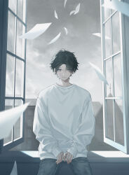 1boy absurdres black_hair building closed_mouth eyes_visible_through_hair grey_hair grey_skirt hair_between_eyes hama_m highres long_sleeves male_focus open_window original paper parted_bangs shirt short_hair skirt sleeves_past_wrists solo white_shirt window