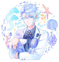 1boy award_ribbon azul_ashengrotto birthday birthday_sash blue_eyes blue_hair blue_ribbon blue_shirt blue_theme brooch buttons closed_mouth collared_shirt commentary_request coral cup dated dress_shirt eel fish glasses happy_birthday holding holding_cup jacket jewelry lapel_pin lapels long_sleeves male_focus mole mole_under_mouth neck_ribbon octopus one_eye_closed over-rim_eyewear ribbon sash semi-rimless_eyewear shirt short_hair solo starfish suit_jacket sujiko_(125motimoti) teacup twisted_wonderland upper_body