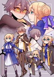 Rule 34 | 1boy, 1girl, artoria pendragon (fate), blonde hair, blue dress, blush, caelus (honkai: star rail), coat, dress, excalibur (fate/stay night), fate (series), green eyes, grey coat, grey hair, highres, honkai: star rail, honkai (series), ricsucat, saber (fate), saber (honkai: star rail) (fate), trailblazer (honkai: star rail), yellow eyes