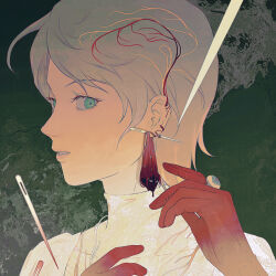 Rule 34 | 1boy, 1girl, absurdres, commentary, earrings, green eyes, highres, jewelry, jojo no kimyou na bouken, needle, parted lips, pink hair, polka dot, polka dot hair, ring, sang (3soun), sewing needle, short hair, single earring, symbol-only commentary, trish una, veins, vento aureo