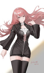 1girl absurdres arknights black_dress black_shorts black_thighhighs closed_mouth commentary_request dated dress floating_hair grey_background highres lemuen_(arknights) long_hair long_sleeves looking_at_viewer pink_hair red_eyes short_shorts shorts shrug_(clothing) smile solo standing thighhighs very_long_hair white_background wide_sleeves yitai_zhi_meng