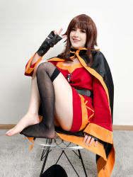 Rule 34 | 1girl, absurdres, arm support, asymmetrical legwear, barefoot, belt, black cape, black gloves, black socks, blunt bangs, breasts, brown hair, cape, carpet, chair, cosplay, cosplay photo, dress, feet, fingerless gloves, fingernails, full body, gloves, highres, kneehighs, kono subarashii sekai ni shukufuku wo!, long sleeves, looking at viewer, medium hair, megumin, megumin (cosplay), mismatched legwear, mole, mole on breast, photo (medium), red dress, red eyes, sidelocks, single kneehigh, single sock, sitting, socks, stelarhoshi, teeth, toes, upper teeth only, v, wall