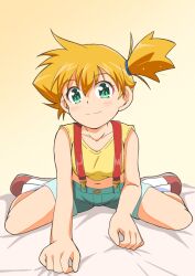 1girl arm_support asymmetrical_hair bare_arms bed_sheet blue_shorts blush breasts closed_mouth crop_top denim denim_shorts eyelashes female_focus gen_1_pokemon green_eyes gym_leader hair_tie highres legs looking_at_viewer midriff misty_(pokemon) navel nintendo orange_hair pokemon pokemon_(anime) pokemon_(classic_anime) pokemon_rgby ponytail shirt shoes short_hair short_shorts shorts side_ponytail sitting sleeveless sleeveless_shirt smile solo spread_legs suspender_shorts suspenders tank_top wariza yellow_shirt yoshimi_mizunoe