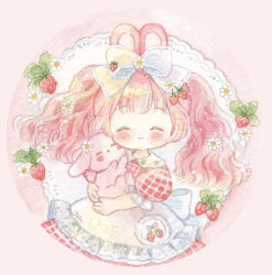 1girl :3 animal blush bow closed_eyes dress female_focus flower food fruit hair_bow hair_flower hair_ornament highres holding holding_animal holding_rabbit original painting_(medium) pastel_colors pink_hair puffy_sleeves rabbit rabbit_ears rabbit_girl short_sleeves signature solo strawberry tagme tato_(kunikida-3) traditional_media twintails watercolor_(medium)