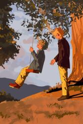 2boys bakugou_katsuki blonde_hair boku_no_hero_academia golden_hour green_hair looking_at_another midoriya_izuku multiple_boys nichole0218 on_swing pants sitting smile swing