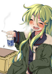 1girl alcohol ashes black_serafuku box cigarette closed_eyes coat commentary crescent crescent_hair_ornament crescent_pin fang fur-trimmed_coat fur_trim green_coat green_hair hair_between_eyes hair_ornament harukaze_unipo highres holding holding_cigarette kantai_collection long_hair nagatsuki_(kancolle) necktie one_cup open_mouth sake school_uniform serafuku simple_background smile smoke smoking solo textless_version white_background white_necktie