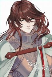 1boy armor brown_eyes brown_hair cape copyright_name fate/grand_order fate_(series) georgios_(fate) hair_between_eyes highres long_hair male_focus solo sora_(roguhausu) upper_body