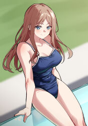 1girl absurdres bang_dream! bang_dream!_it&#039;s_mygo!!!!! blue_eyes blue_one-piece_swimsuit breasts brown_hair chubb collarbone commentary_request highres large_breasts long_hair nagasaki_soyo one-piece_swimsuit pool sitting solo swimsuit thighs