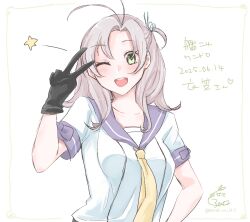 1girl antenna_hair black_gloves character_name copyright_name dated gloves green_eyes grey_hair highres kantai_collection kinugasa_(kancolle) kinugasa_kai_ni_(kancolle) kurohina_(kurohina_66_s) medium_hair neckerchief one-hour_drawing_challenge one_eye_closed one_side_up open_mouth purple_sailor_collar round_teeth sailor_collar sailor_shirt shirt signature simple_background solo teeth upper_body upper_teeth_only white_background white_shirt yellow_neckerchief