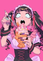 1girl black_hair boby_oreon corset dessert fingernails food frills highres holding holding_food holding_spoon jewelry jirai_kei maid_headdress multicolored_hair nail_art nail_polish open_mouth pink_hair ring simple_background spoon surprised taiyaki twintails wagashi wide-eyed