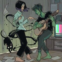 1boy 1girl beast_boy_(dc) black_cat book calendar cat colored_skin couple dancing dc_comics gabriel_picolo gabriel_picolo_(artist) green_hair green_skin guitar happy instrument magic music paper playing_guitar playing_instrument pointy_ears purple_hair purple_lips raven_(dc) smile teen_titans television window