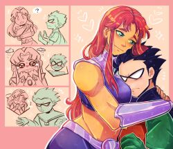 1girl belt black_hair blush breasts cape colored_skin couple dc_comics dick_grayson domino_mask gloves green_eyes hetero highres hug long_hair mask muscular orange_skin pichichustudio red_hair robin_(dc) short_hair skirt smile speech_bubble starfire superhero_costume teen_titans y2k_fashion