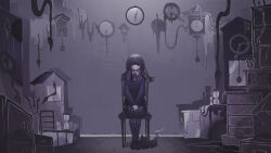 1girl absurdres black_cardigan black_cat black_eyes black_hair black_skirt black_socks cardigan cat chest_of_drawers clock collared_shirt empty_eyes frown highres hourglass indoors kneehighs lankilanki long_hair looking_at_viewer melting original pendulum_clock shirt skirt socks solo straight-on white_shirt