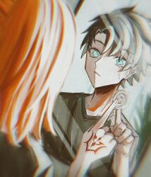 1boy 1girl black_hair black_shirt blue_eyes chromatic_aberration command_spell different_reflection fate/grand_order fate_(series) from_behind fujimaru_ritsuka_(female) fujimaru_ritsuka_(male) hair_between_eyes highres looking_at_viewer mirror monokeshigo6 orange_hair reflection ripples shirt short_hair