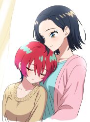 2girls amate_yuzuriha black_hair blue_shirt cardigan closed_eyes closed_mouth commentary comoli_harcourt gundam gundam_gquuuuuux head_on_another&#039;s_chest highres kousuke0912 long_sleeves multiple_girls parted_lips pink_cardigan red_hair shirt short_hair smile sweater white_background yellow_sweater yuri
