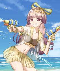 1girl atelier_(series) atelier_lydie_&amp;_suelle bracelet breasts hair_ribbon highres holding holding_water_gun jewelry long_hair looking_at_viewer ribbon small_breasts smile solphel suelle_malen swimsuit water_gun