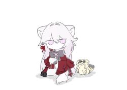 Rule 34 | 0 0, 2girls, animal ears, animal hands, animalization, bolpython, bow, cat ears, chibi, eyewear on head, grey bow, hair intakes, herrscher of sentience, highres, honkai (series), honkai impact 3rd, long sleeves, multiple girls, pink eyes, red shirt, round eyewear, shirt, songque, songque (astralop), thelema nutriscu, thelema nutriscu (mad pleasure: shadowbringer), white background, white hair