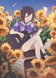 1boy ;d acoustic_guitar black_collar black_footwear black_hair box collar crossed_legs denim denim_shorts feet_out_of_frame flower flying_paper guitar hair_between_eyes hair_ornament hairclip handprint highres holostars instrument kanade_izuru light_particles lightning_bolt lightning_bolt_hair_ornament lightning_bolt_symbol looking_down male_focus music nekoromancer on_box one_eye_closed open_mouth paper playing_instrument purple_eyes purple_shirt sheet_music shirt short_hair short_shorts shorts signature sitting sitting_on_box smile solo spiked_collar spikes sunflower virtual_youtuber yellow_flower