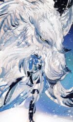 1girl blue_coat blue_eyes coat colored_skin dragon elezen elf final_fantasy final_fantasy_xiv highres hraesvelgr_(ff14) long_hair monster pointy_ears sketch snowing standing topio_(topioffxiv) white_hair white_skin ysayle_dangoulain