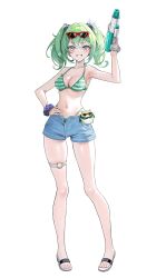 1girl absurdres bikini breasts cleavage eyewear_on_head full_body green_bikini green_hair grin hand_on_own_hip highres holding holding_water_gun looking_at_viewer medium_hair navel sandals simple_background smile standing stellive stomach sunglasses swimsuit thaba thigh_strap thighs two_side_up virtual_youtuber water_gun white_background yuzuha_riko