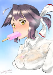 1girl blush breasts collared_shirt food food_in_mouth grey_hair hayanami_(kancolle) highres kantai_collection komb medium_breasts ponytail popsicle popsicle_in_mouth purple_hair school_uniform see-through_clothes shirt short_hair signature solo twitter_username wet wet_clothes white_shirt yellow_eyes