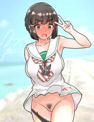 Rule 34 | 1girl, absurdres, alternate costume, beach, black hair, black panties, blue sky, blush, breasts, brown eyes, cloud, cosplay, day, dress, embarrassed, full-face blush, furaggu (frag 0416), highres, kantai collection, large breasts, libeccio (kancolle), libeccio (kancolle) (cosplay), myoukou (kancolle), neckerchief, outdoors, panties, panty pull, pubic hair, red neckerchief, sailor collar, sailor dress, short hair, sky, sleeveless, sleeveless dress, solo, standing, striped neckerchief, underwear, v, white dress, white sailor collar