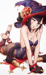 1girl barefoot black_choker black_gloves black_hair blue_hat blue_leotard blush breast_tattoo breasts brown_pantyhose chinese_commentary choker cleavage coin commentary_request crescent crescent_hat_ornament feet feet_up genshin_impact gloves grey_eyes hair_between_eyes hat hat_ornament heart heart-shaped_pupils highres holding holding_coin holding_with_feet japanese_clothes jewelry kimono l_ract leotard long_hair looking_at_viewer lying medium_breasts mona_(genshin_impact) mora_(genshin_impact) on_stomach open_mouth pantyhose red_ribbon ribbon simple_background soles solo stirrup_legwear symbol-shaped_pupils tattoo thighlet toeless_legwear toes twintails v_arms very_long_hair white_background witch_hat