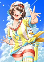 1girl animal baseball_cap bird black_hair cloud cumulonimbus_cloud duck green_eyes hat highres hololive looking_at_viewer masatoshi_1219 one_eye_closed oozora_subaru oozora_subaru_(1st_costume) open_mouth red_hat shirt short_hair short_shorts short_sleeves shorts smile stopwatch stopwatch_around_neck striped_clothes suba_tomo_(oozora_subaru) swept_bangs t-shirt teeth thighhighs tied_shirt tilted_headwear two-tone_headwear two-tone_shirt upper_teeth_only v-neck vertical-striped_clothes virtual_youtuber watch whistle white_hat white_shirt white_shorts yellow_shirt