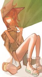 Rule 34 | 1girl, animal ear fluff, animal ears, arknights, blending, blue dress, boots, dress, hands up, highres, hood, hood up, hooded jacket, jacket, kotowaza, nail polish, open clothes, open jacket, papyrus (arknights), red nails, sandals, simple background, solo, striped clothes, striped dress, tail, toenail polish, toenails, vertical-striped clothes, vertical-striped dress, white background, white boots, white jacket