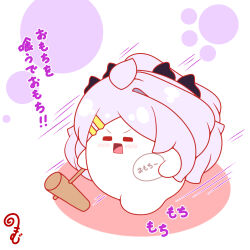 ahoge blue_archive blush chibi closed_eyes colored_shadow facing_viewer food grey_hair hair_ornament hairclip halo highres hina_(blue_archive) holding holding_food horns kine kurukurumagical long_hair mallet mochi motion_lines open_mouth parted_bangs running shadow simple_background single_hair_intake solo speed_lines translation_request v-shaped_eyebrows very_long_hair white_background