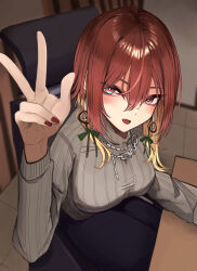 1girl :d absurdres aketa_mikoto black_pants blonde_hair blush breasts brown_hair chain chain_necklace commentary_request fingernails grey_sweater highres idolmaster idolmaster_shiny_colors indoors jewelry long_sleeves looking_at_viewer medium_breasts mitei_(illust_ro) nail_polish necklace open_mouth pants ribbed_sweater sitting smile solo sweater w