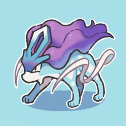 blue_background blue_fur chibi gen_2_pokemon legendary_pokemon long_hair looking_at_viewer nintendo no_humans outline pokemon pokemon_(creature) purple_hair simple_background smore_(smearg) solo suicune white_outline