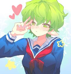 1girl absurdres blue_shirt breasts closed_mouth commentary glasses green_eyes green_hair hair_between_eyes hand_up heart highres long_sleeves looking_at_viewer medium_breasts nail_polish neckerchief pandoria_(xenoblade) pointy_ears puffy_long_sleeves puffy_sleeves purple_nails red_neckerchief sailor_collar school_uniform serafuku shirt short_hair solo star_(symbol) toki0830 upper_body white_sailor_collar xenoblade_chronicles_(series) xenoblade_chronicles_2