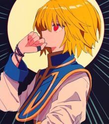 1boy blue_skirt hand_up highres hunter_x_hunter kurapika male_focus red_eyes sanamaru_(sana79261827) shirt skirt solo upper_body white_shirt