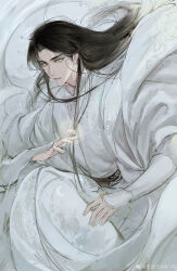 1boy absurdres between_fingers black_hair chinese_clothes chinese_commentary chu_wanning commentary_request cowboy_shot earrings erha_he_tadebai_mao_shizun expressionless floating_hair flower glowing hanfu highres holding holding_flower jewelry kami_off_record layered_sleeves long_hair long_sleeves looking_at_viewer male_focus open_clothes open_robe parted_lips robe single_sidelock solo stud_earrings thick_eyebrows vambraces water_drop watermark weibo_watermark white_eyes white_flower white_hanfu white_robe white_sleeves wide_sleeves